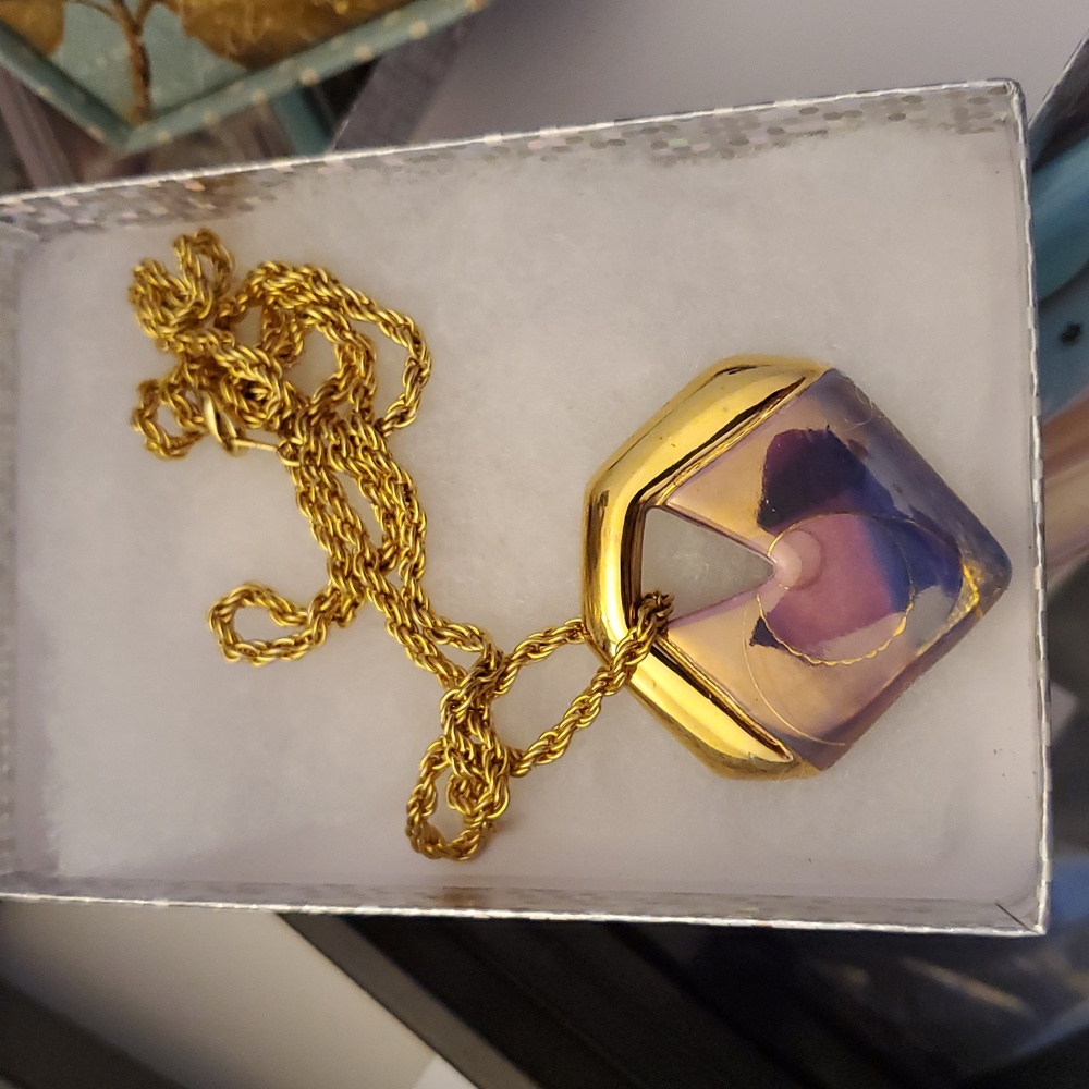 Vintage Gold Purple Blue Hand Painted Artist Signed Geometric Pendant Necklace - Picture 12 of 12